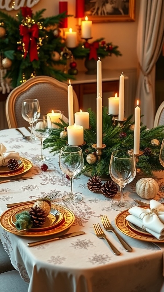 Elegant Christmas Table Decorations Ideas A festive Christmas table setting with elegant decor, candles, and greenery.